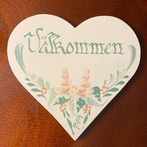 Swedish “Valkommen” 5 1/2” Heart Shaped Sign